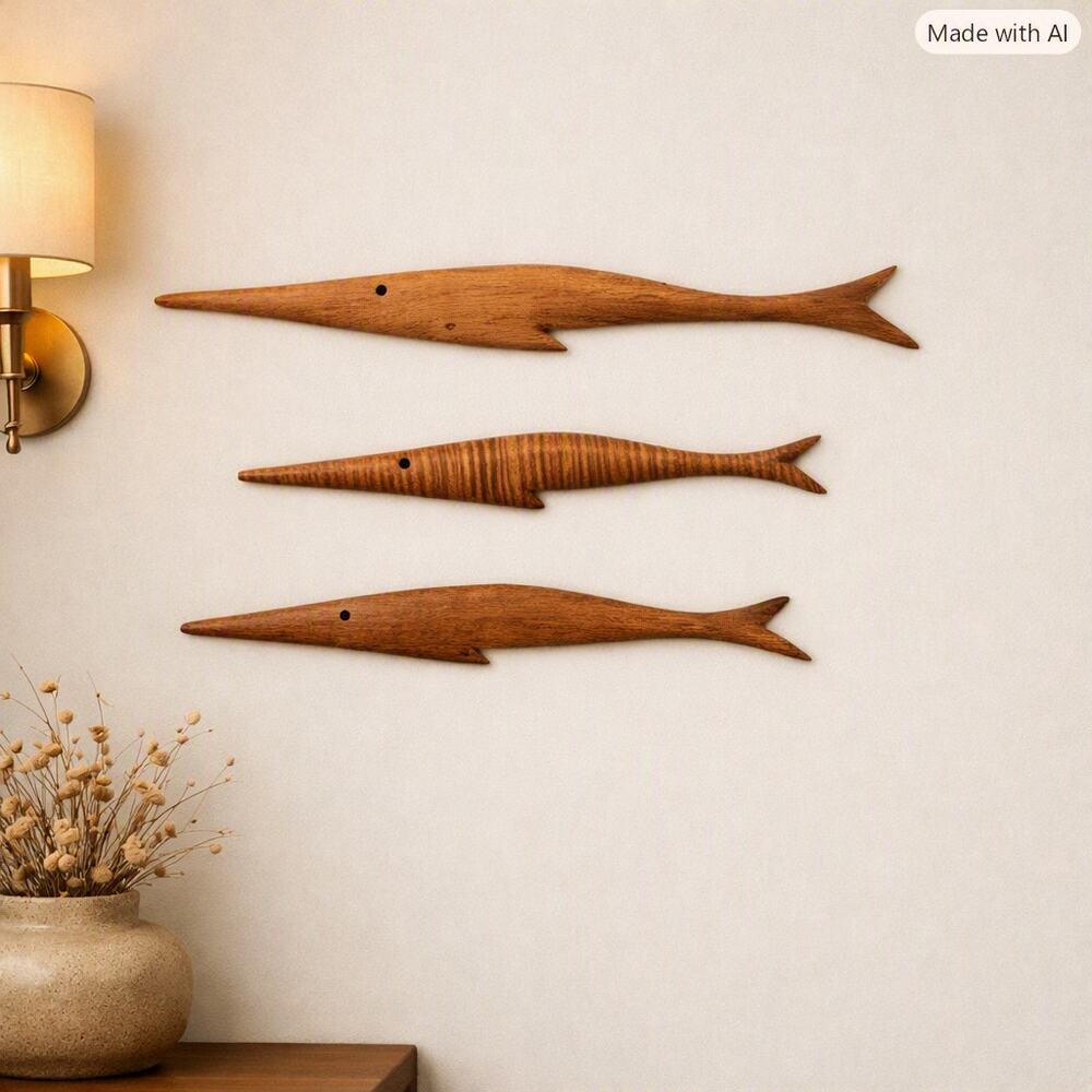 Set of 3 Wooden Fish Wall Hangings, Handcrafted Coastal Décor 10–13.75 Inches